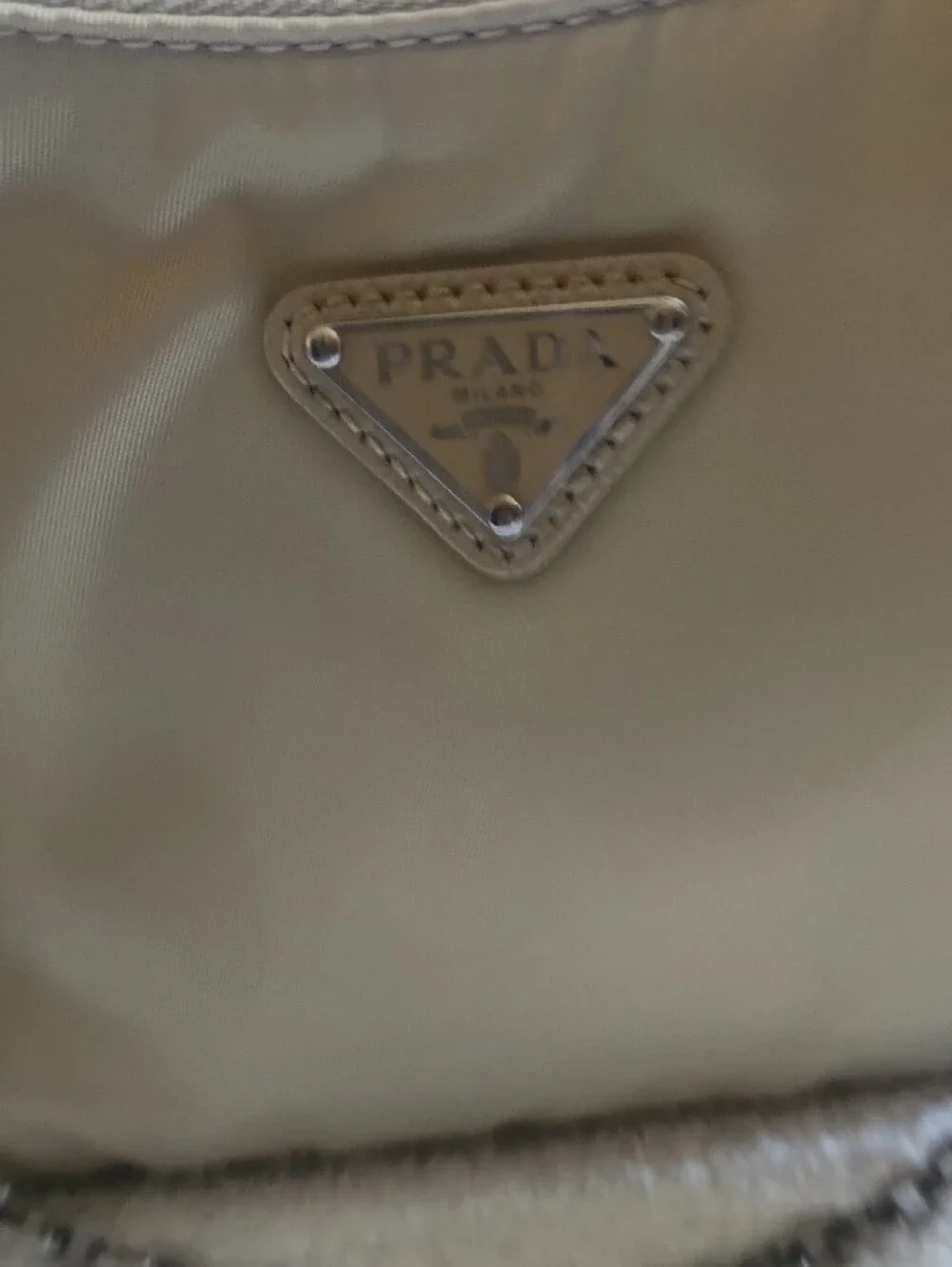 Prada Light Beige Nylon Shoulder Bag with Silver Chain